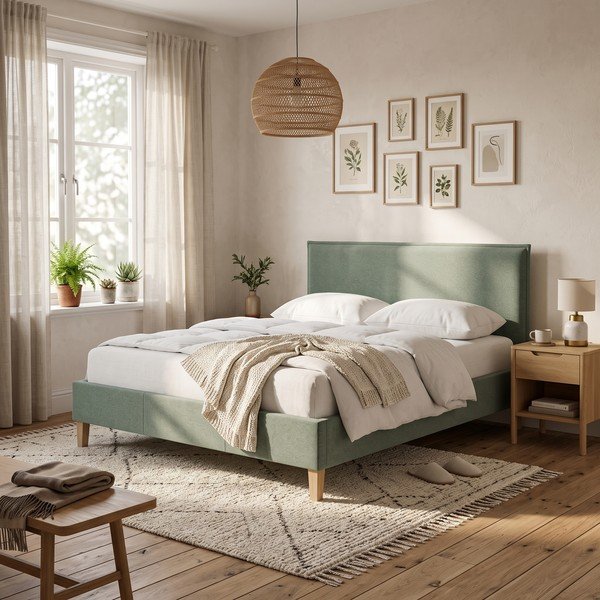 Zöld kárpitozott franciaágy ágyráccsal 180x200 cm Tina – Ropez-image-1