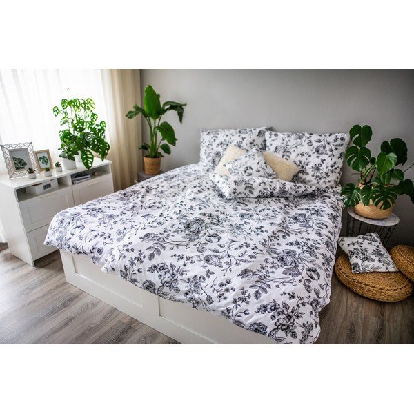 Flower fekete-fehér pamut-szatén ágyneműhuzat, 140 x 200 cm - Cotton House-image-1