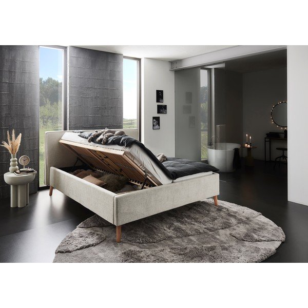 Krémszínű kárpitozott ágyneműtartós franciaágy ágyráccsal 160x200 cm Riva – Meise Möbel-image-3