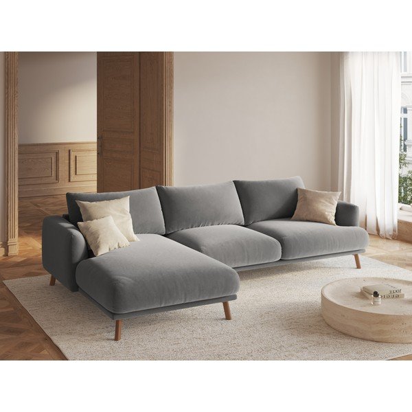 Szürke bársony sarokkanapé (bal oldali-heverő résszel) Naomi – Micadoni -image-1