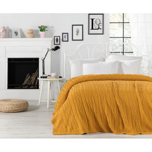 Knit mustársárga pamut ágytakaró, 220 x 240 cm - Homemania Decor