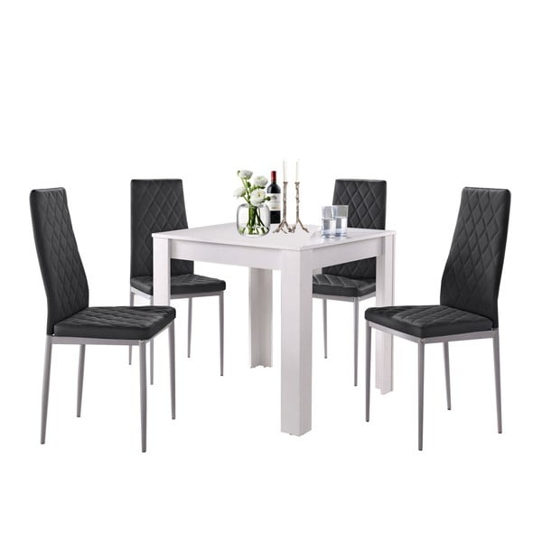 Lori and Barak fehér étkezőasztal 4 darab fekete étkezőszékkel, 80 x 80 cm - Støraa
