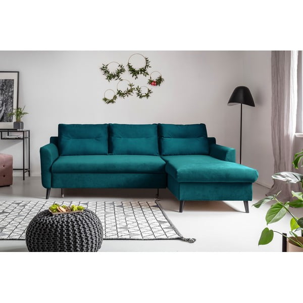 Stylish Stan türkiz kinyitható bársony sarokkanapé, jobb oldali - Miuform-image-1