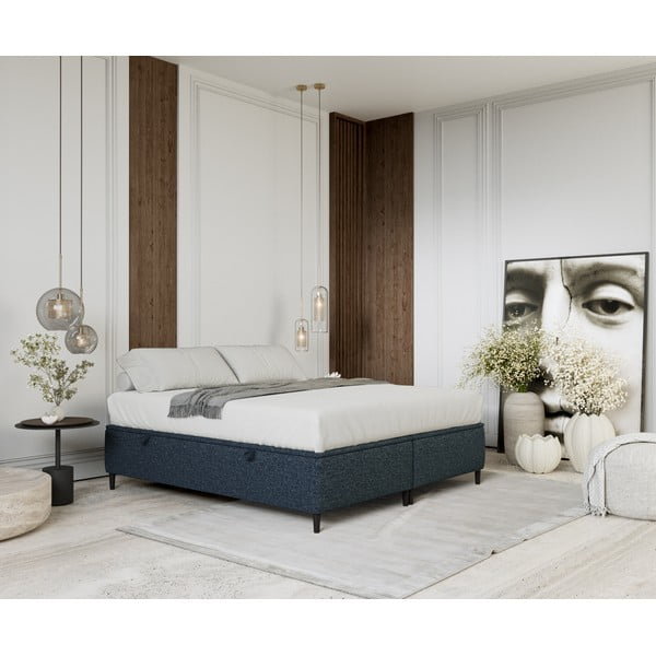 Sötétkék kárpitozott ágyneműtartós franciaágy 160x200 cm Tate – Maison de Rêve-image-1