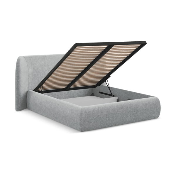 Világosszürke kárpitozott ágyneműtartós franciaágy ágyráccsal 160x200 cm Hauke – Makamii-image-2