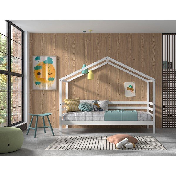 Fehér házikó alakú borovi fenyő gyerekágy ágyráccsal 90x200 cm Dallas – Vipack-image-1