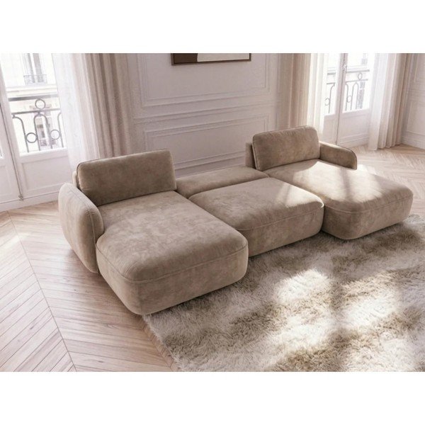 Bézs bársony kinyitható-tárolóhelyes (U alakú) sarokkanapé Celeste – Bobochic Paris-image-3