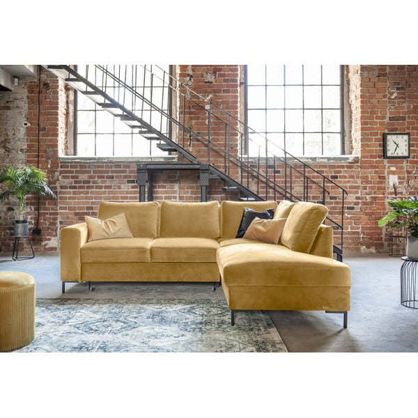 Sárga bársony kinyitható sarokkanapé (jobb oldali) Lofty Lilly – Miuform-image-4