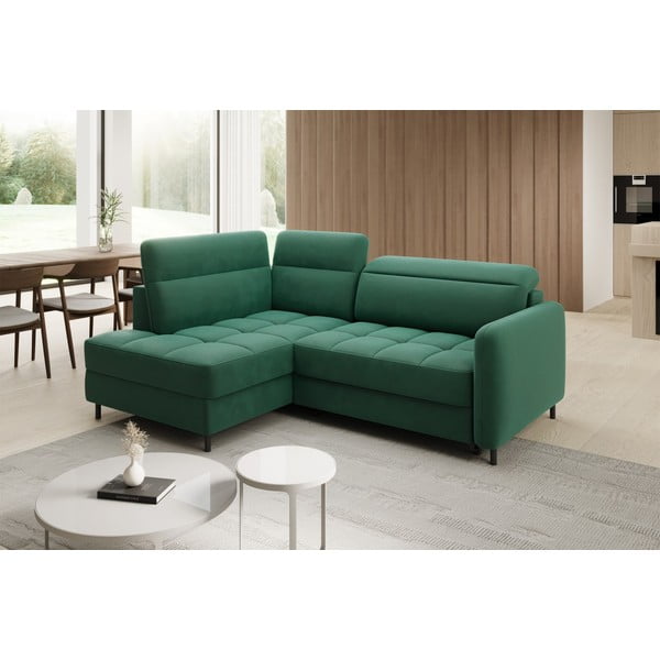Zöld bársony kinyitható-tárolóhelyes sarokkanapé (bal oldali-L alakú) Barea – ELTAP-image-3
