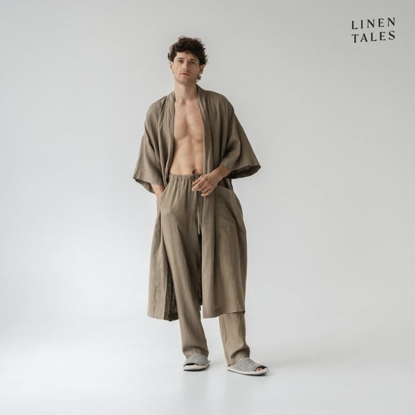 Khaki len fürdőköpeny L/XL Summer – Linen Tales-image-2