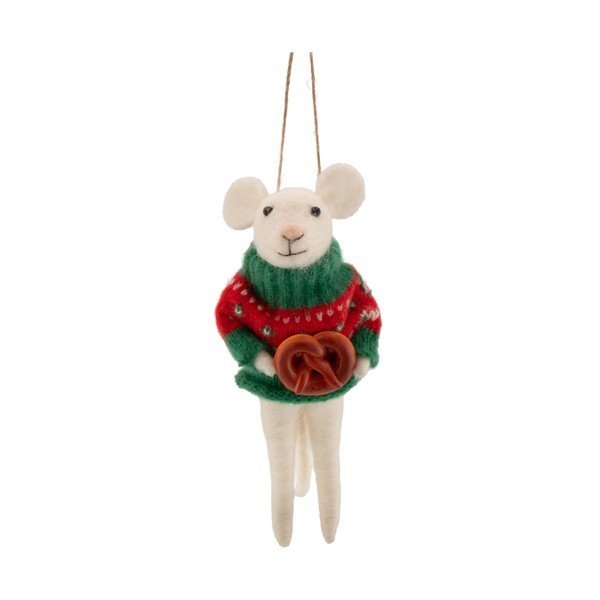 Textil karácsonyfadísz 6 cm Mouse with Pretzel – Sass & Belle