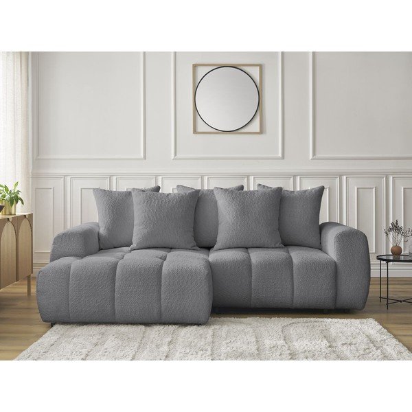 Szürke buklé kinyitható-tárolóhelyes sarokkanapé (bal oldali-heverő résszel) Roxelane – Bobochic Paris-image-1