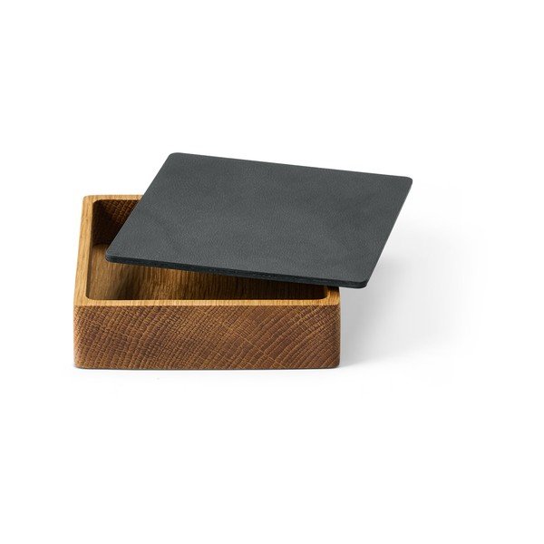 Antracitszürke-natúr színű fedeles-dekoratív fa-öko bőr tárolódoboz 11x11x3,5 cm Square Nupo – LIND DNA-image-1