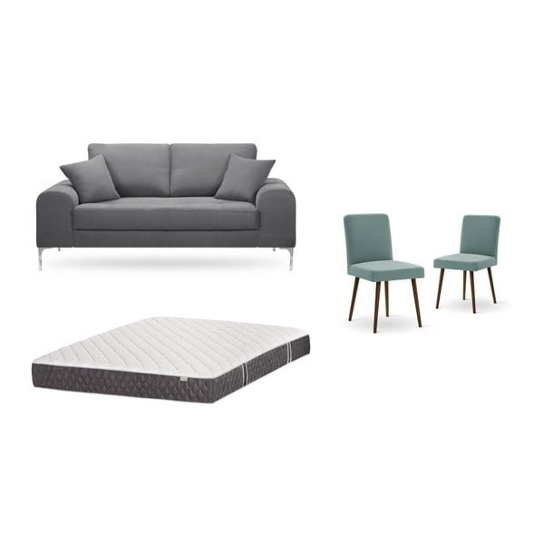 Szürke, kétszemélyes kanapé, 2 db szürkészöld szék, matrac (140 x 200 cm) szett- Home Essentials