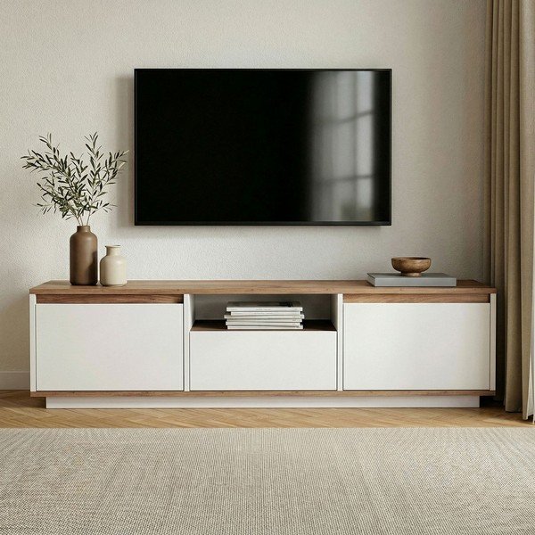 Fehér-natúr színű TV-állvány borovi fenyő dekorral 160x42x30 cm Sentinel – Kalune Design-image-2