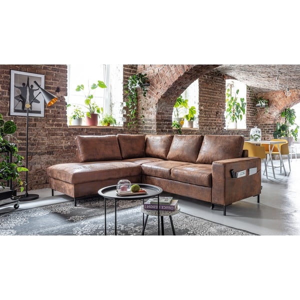 Barna bőrutánzat kinyitható sarokkanapé (bal oldali) Lofty Lilly – Miuform-image-3