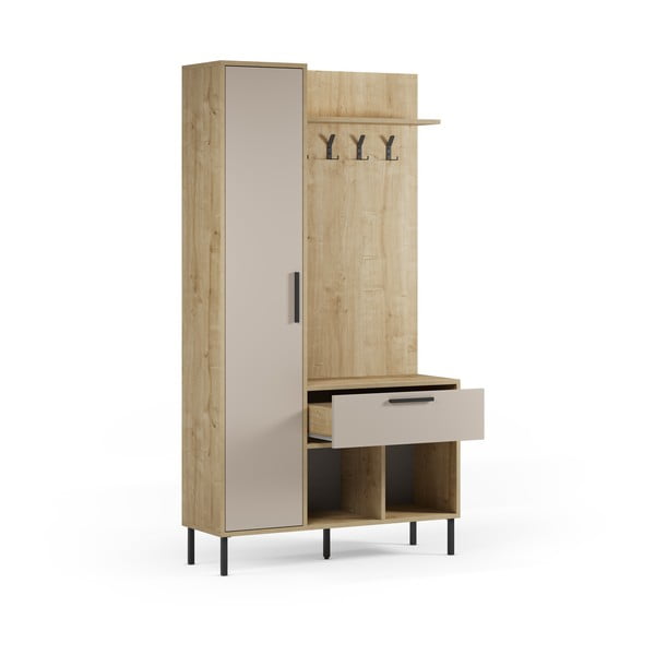 Krémszínű-natúr színű előszoba bútor tölgyfa dekorral 108x195x35 cm Heidy – Marckeric-image-3