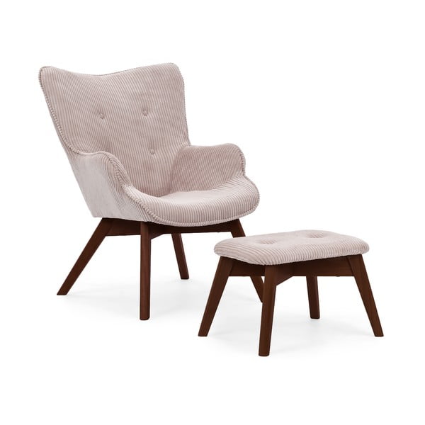 Világos rózsaszín kordbársony fotel lábtartóval Niko – Ropez