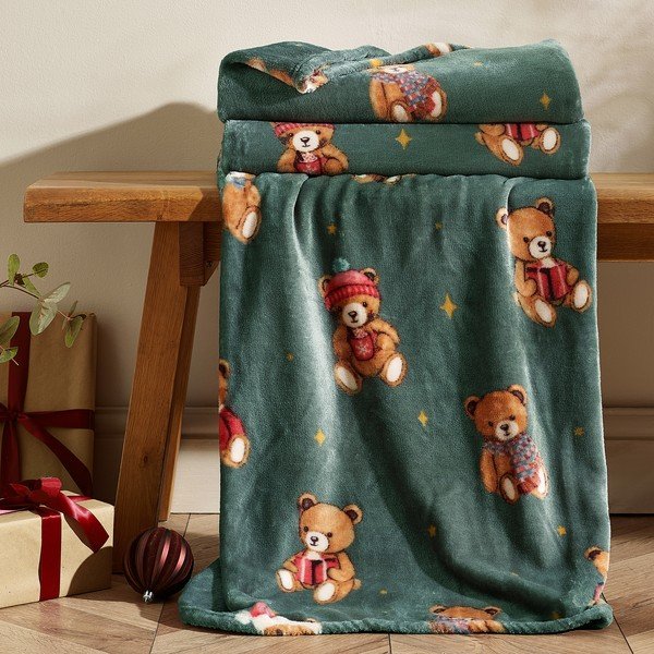 Sötétzöld takaró karácsonyi mintával 170x130 cm Christmas Tartan Teddy Bear – Catherine Lansfield-image-1