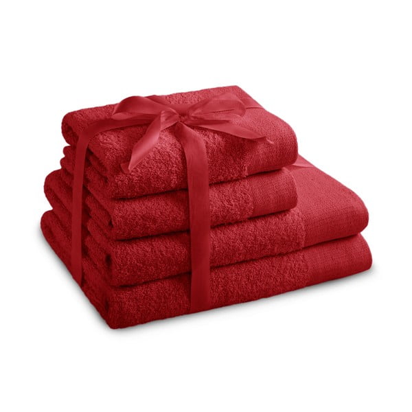 Piros frottír pamut törölköző és fürdőlepedő készlet 4 db-os Amari – Restilo