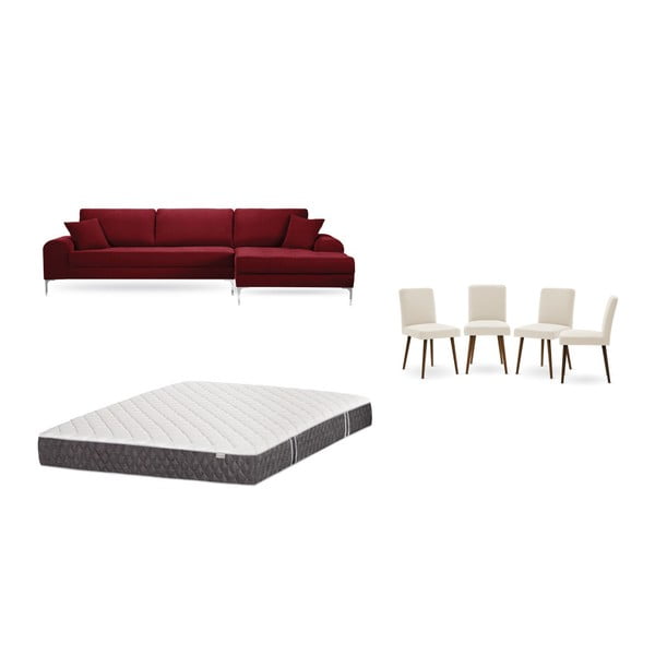 Piros jobboldali sarokkkanapé, 4 db krémszínű szék, matrac (160 x 200 cm) szett - Home Essentials