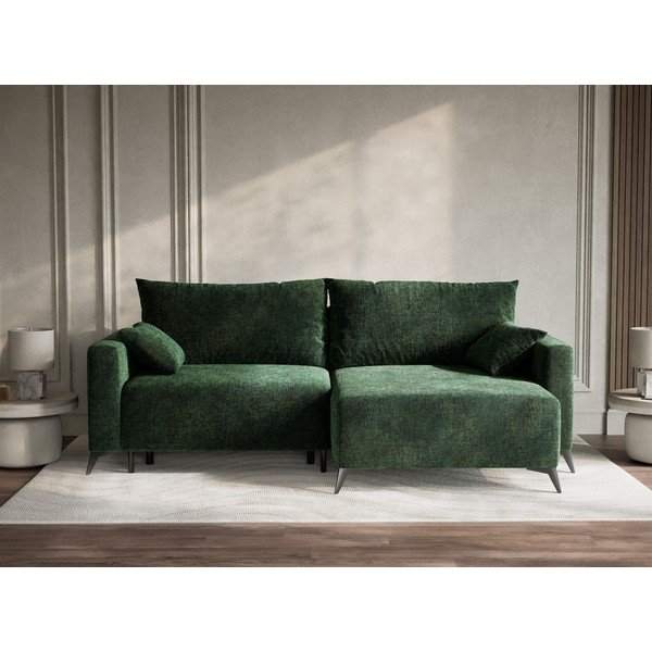 Sötétzöld zsenília kinyitható-tárolóhelyes sarokkanapé (jobb oldali-heverő résszel) Leon – Maison de Rêve-image-1