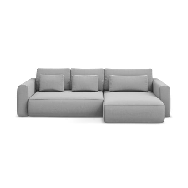 Világosszürke bársony kinyitható-tárolóhelyes sarokkanapé (jobb oldali-heverő résszel) Kapua – Makamii
