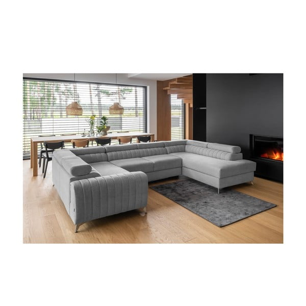 Világosszürke kinyitható-tárolóhelyes sarokkanapé (jobb oldali-U alakú) Louis – ELTAP-image-1
