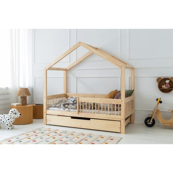 Natúr színű házikó alakú borovi fenyő ágyneműtartós gyerekágy kihúzható pótággyal 140x200 cm Mila RMW – Adeko-image-1