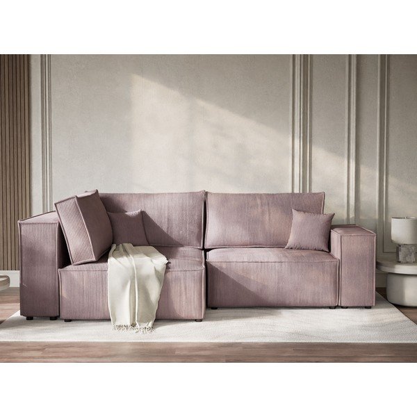 Lila kordbársony kinyitható-tárolóhelyes sarokkanapé (bal oldali-L alakú) Tonga – Maison de Rêve-image-1