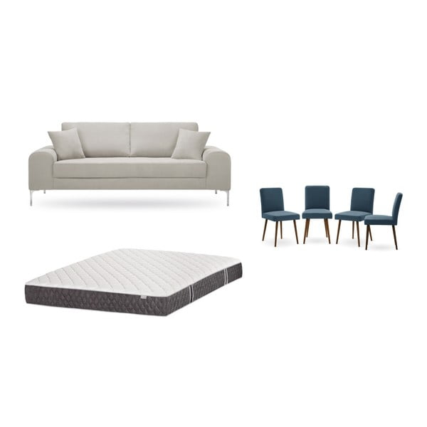 Krémszínű, háromszemélyes kanapé, 4 db kék szék, matrac (160 x 200 cm) szett - Home Essentials