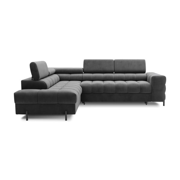 Sötétszürke bársony kinyitható-tárolóhelyes sarokkanapé (bal oldali-L alakú) Ferucce – ELTAP