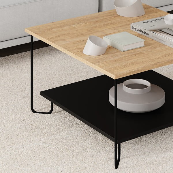 Fekete-natúr színű dohányzóasztal tölgyfa dekoros asztallappal 80x80 cm Tonka – Marckeric-image-1