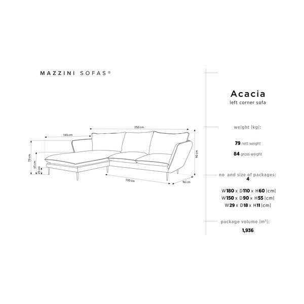 Acacia világosszürke bársony sarokkanapé, bal oldalas - Mazzini Sofas-image-3