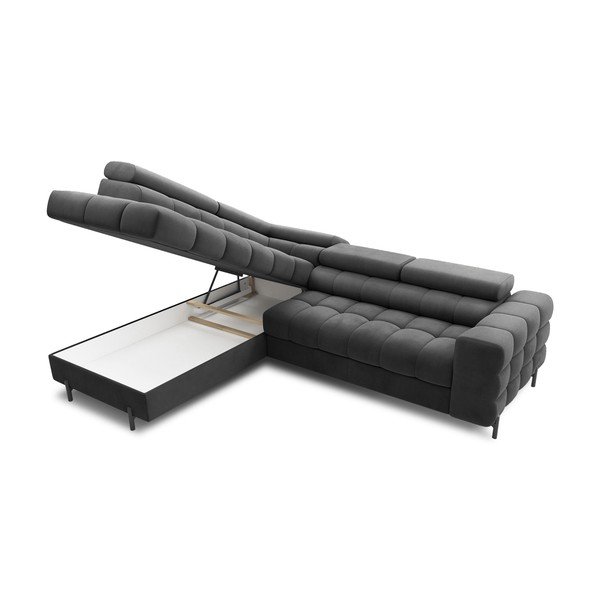 Sötétszürke bársony kinyitható-tárolóhelyes sarokkanapé (bal oldali-L alakú) Ferucce – ELTAP-image-4