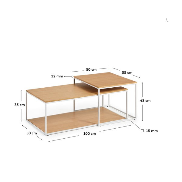 Világos natúr színű dohányzóasztal szett  tölgyfa dekoros asztallappal 2 db-os 50x100 cm Yoana – Kave Home-image-3
