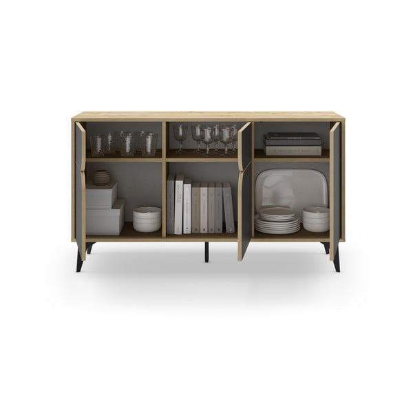 Fekete-natúr színű alacsony komód tölgyfa dekorral 140x79 cm Nola – Marckeric-image-4