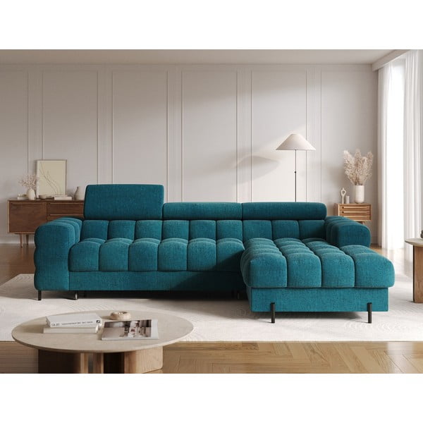 Kék buklé kinyitható-tárolóhelyes sarokkanapé (jobb oldali-heverő résszel) Felro – ELTAP-image-1