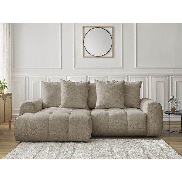 Bézs zsenília kinyitható-tárolóhelyes sarokkanapé (bal oldali-heverő résszel) Roxelane – Bobochic Paris-image-1