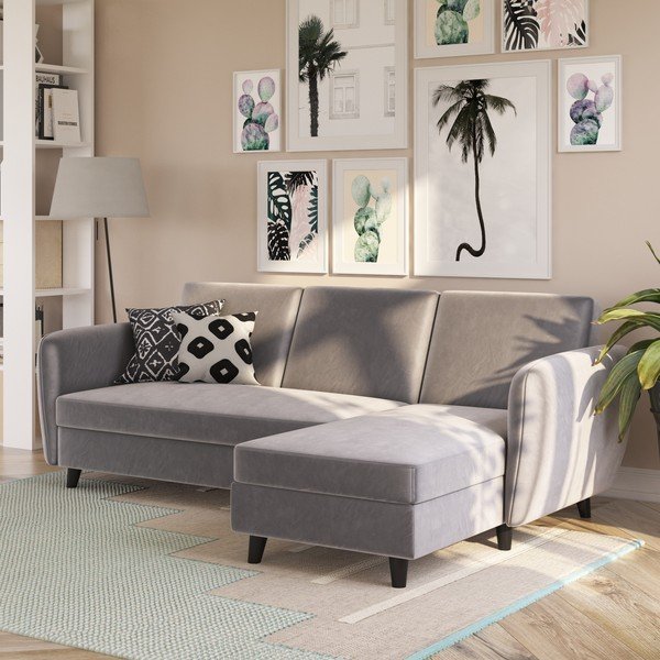 Szürke bársony kinyitható sarokkanapé Perry – Støraa-image-4