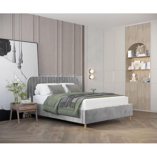 Szürke kárpitozott ágyneműtartós franciaágy ágyráccsal 140x200 cm Noto – Maison de Rêve-image-1