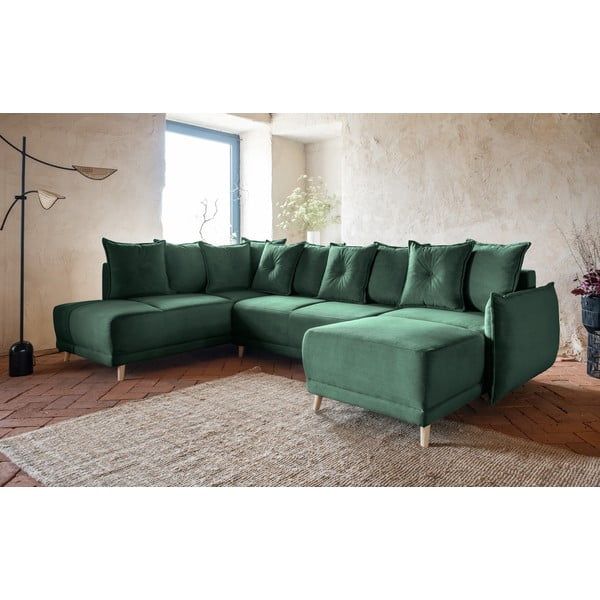 Zöld kordbársony kinyitható sarokkanapé (bal oldali-U alakú) Lazy Lukka – Miuform-image-3