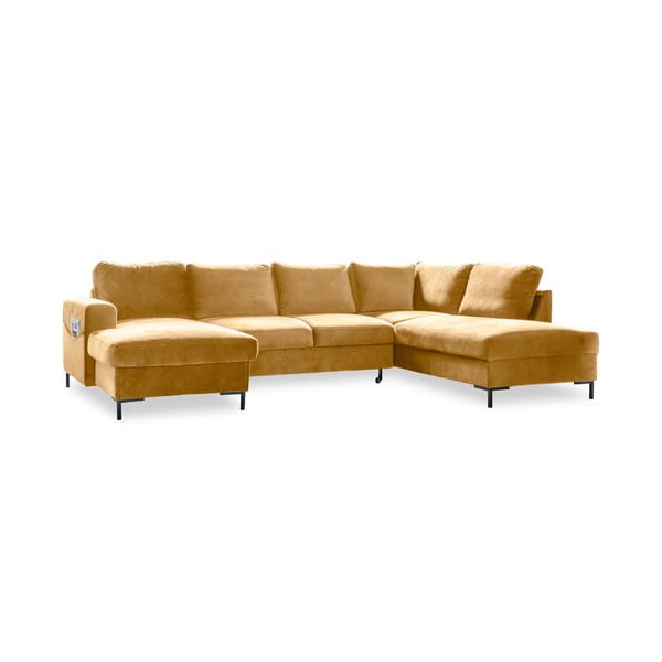 Lofty Lilly mustársárga kinyitható U alakú bársony kanapé, jobb oldali - Miuform