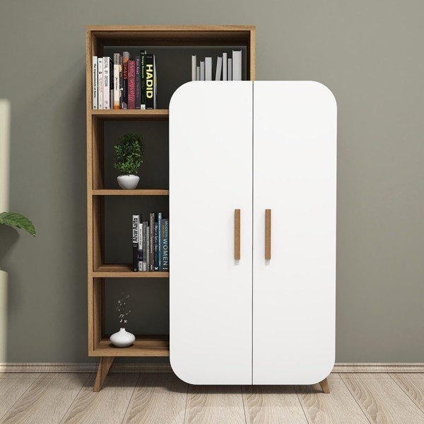 Garetto Form fehér szekrény polcokkal, diófa dekor-image-4