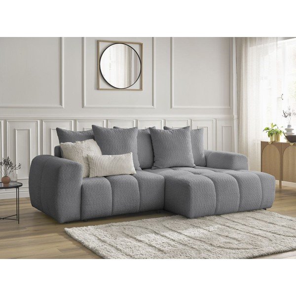 Szürke buklé kinyitható-tárolóhelyes sarokkanapé (jobb oldali-heverő résszel) Roxelane – Bobochic Paris-image-4