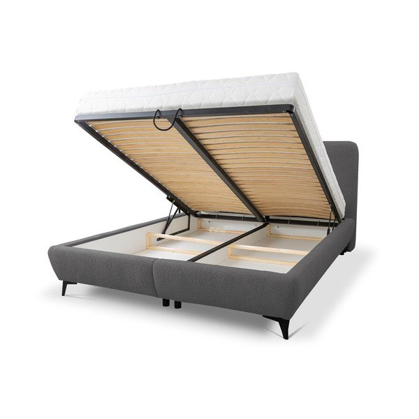 Sötétszürke kárpitozott ágyneműtartós franciaágy ágyráccsal 140x200 cm Makapu – Makamii-image-1