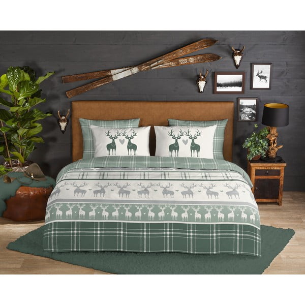 Zöld-krémszínű kétszemélyes hosszabbított flanel ágyneműhuzat 200x220 cm Bjirk – Good Morning-image-1