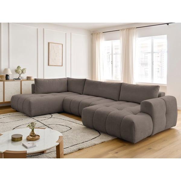 Szürkésbarna kinyitható-tárolóhelyes sarokkanapé (bal oldali-U alakú) Fuji – Bobochic Paris-image-1