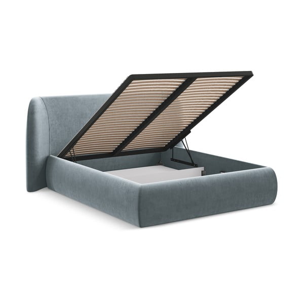 Világoskék kárpitozott ágyneműtartós franciaágy ágyráccsal 160x200 cm Hauke – Makamii-image-3