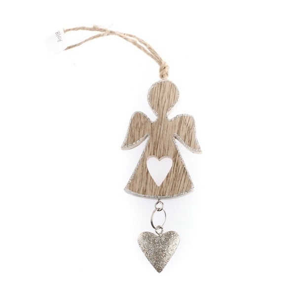 Ezüst színű fából készült felakasztható angyal szívvel, 5 cm - Dakls